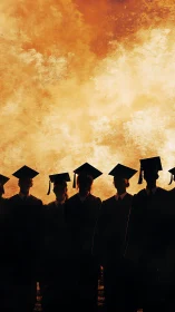 Silhouetted Graduates Against Golden Sky.