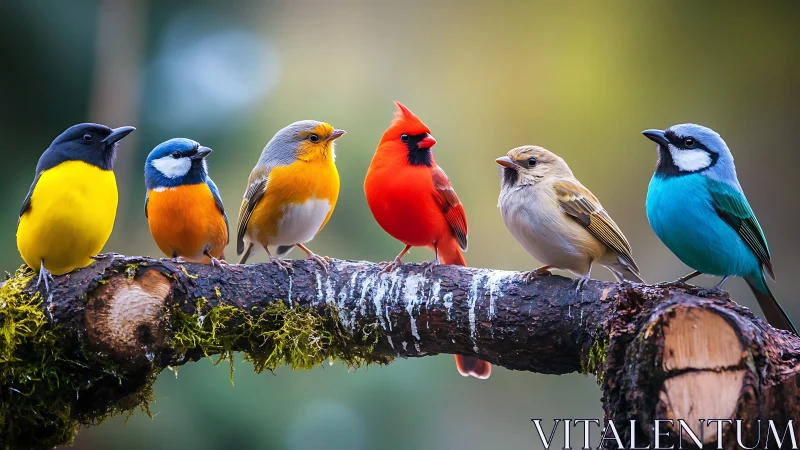 Colorful Songbirds Perched on Mossy Branch, Nature Photography.