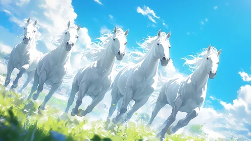 Galloping white horses rendered in luminous anime realism