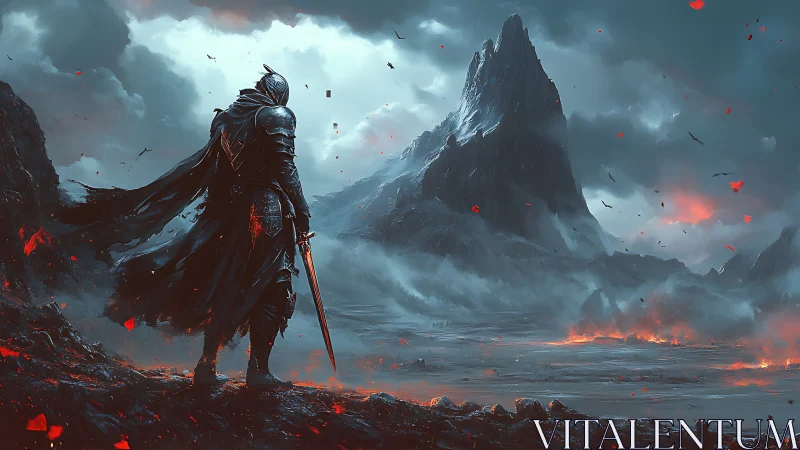Armored warrior observing volcanic wasteland landscape.