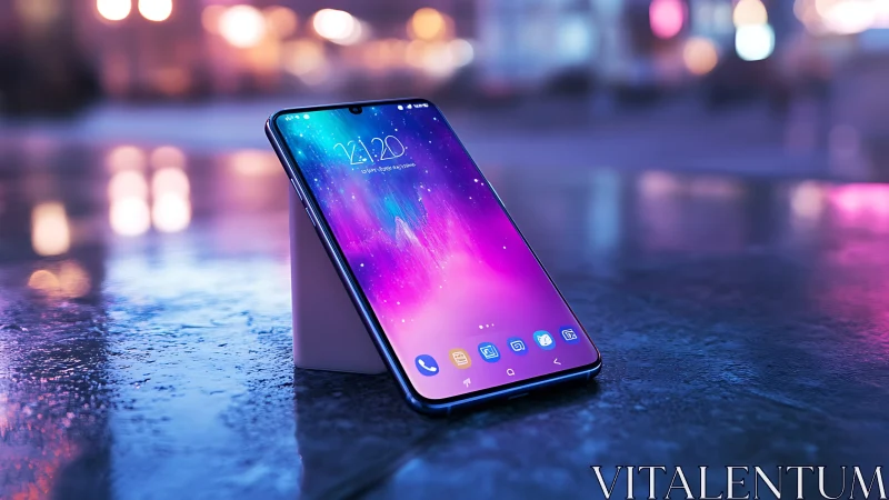 Smartphone Display Showcasing Neon Gradient Wallpaper in Urban Setting.