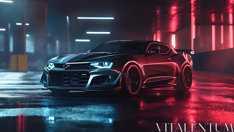 Chevrolet Camaro ZL1 in neon lit wet parking garage at night.