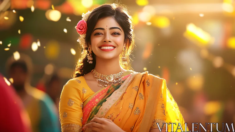 Woman in yellow sari during outdoor celebration event period.