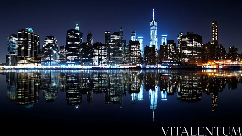 New York night skyline mirrored across calm waterfront.