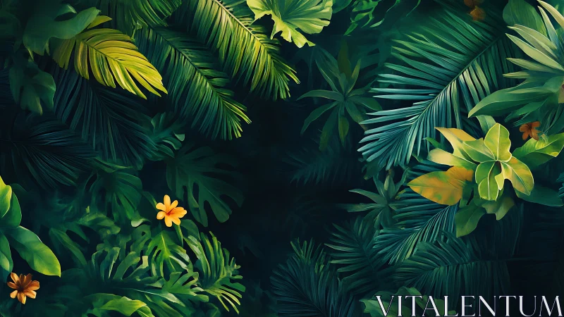 Dense tropical jungle foliage with scattered yellow flowers.