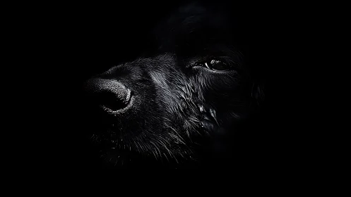 Low key canine portrait with dramatic chiaroscuro lighting.