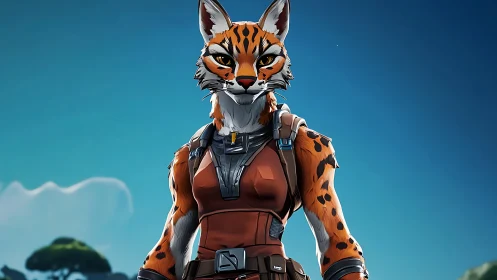 Armored feline warrior stands poised beneath clear skies.