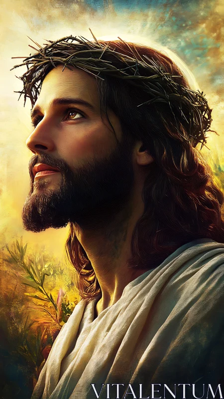 Digital painting portrait with crown of thorns and radiant light.