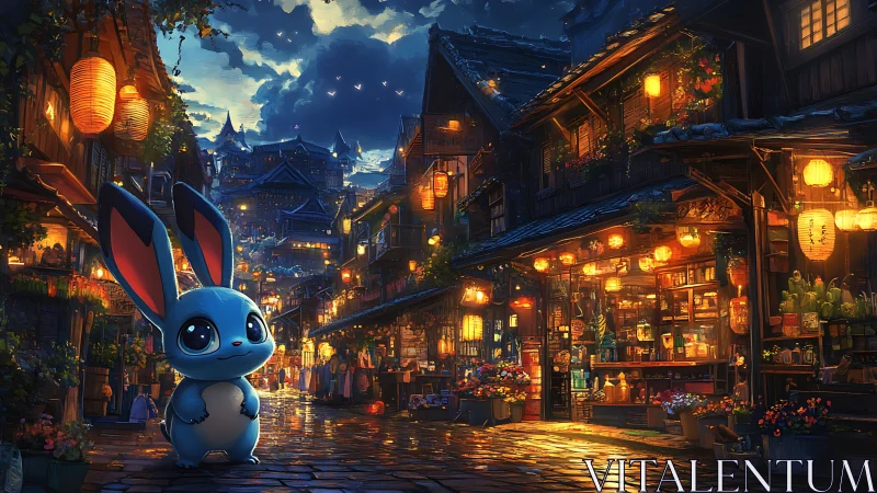 Lantern-lit alley welcomes a blue bunny under moonwashed skies.