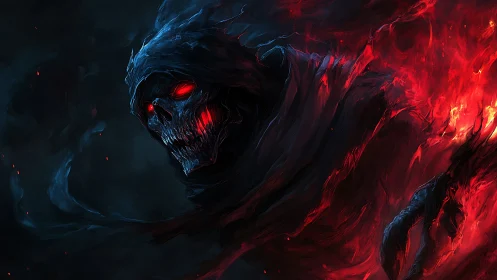 Hooded skeletal wraith emerges from red and black flames
