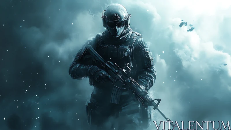 Heavily armed soldier stands in dense blue combat smoke.