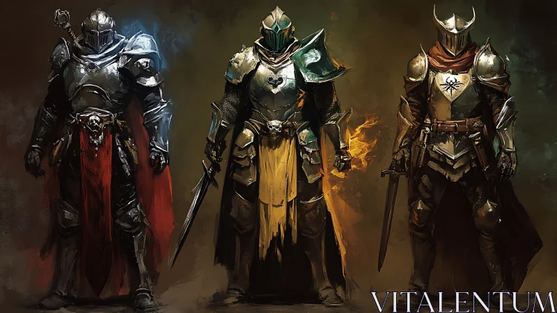 Triad of elemental knights in battle-scarred plate armor.