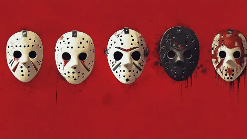 Row of worn hockey masks on bold red horror backdrop.