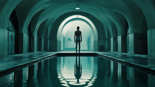 Solitary silhouette poised above a cathedral-lit aqua pool.