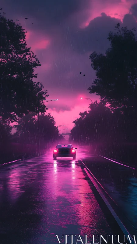 Neon rain road where lone car slips through violet dusk.