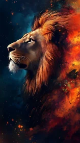 Lion of starlit embers gazing into a quiet cosmic dawn.