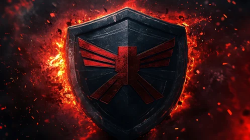 3D forged shield emblem amid incinerated lava field composition.