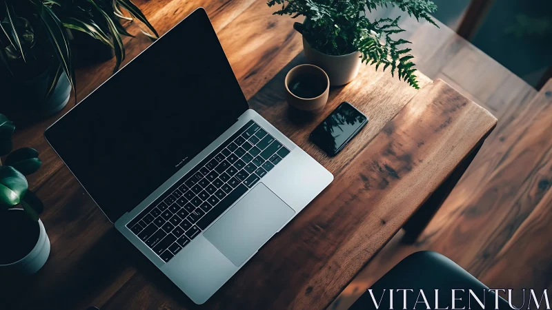 Minimal workspace with laptop, smartphone, plants, warm light.
