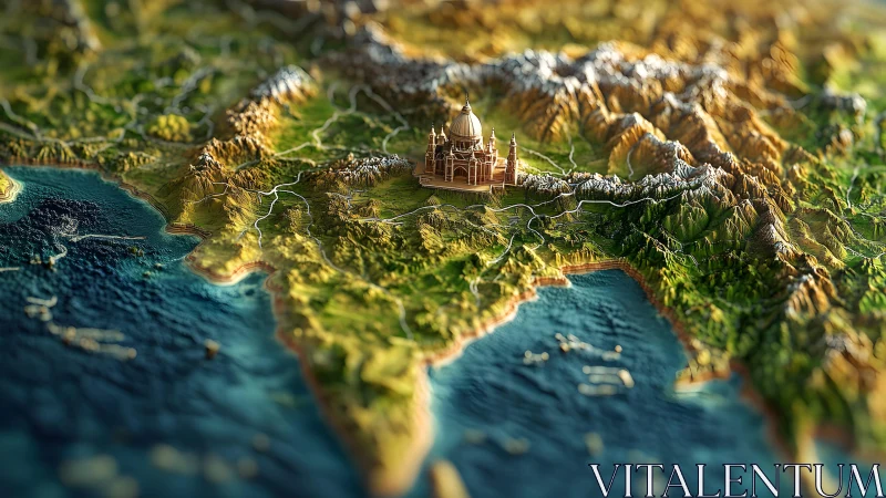 Miniature Taj Mahal on 3D Relief Map of India, Vibrant Artistic Style.
