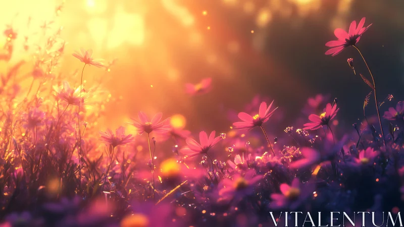 Backlit wildflower meadow in luminous sunset bokeh field.