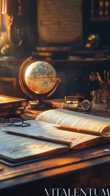 Sunlit scholar’s desk with globe, open tomes, and dust motes.