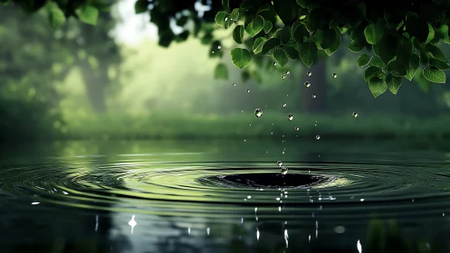 Forest pond ripples form around falling water droplets.