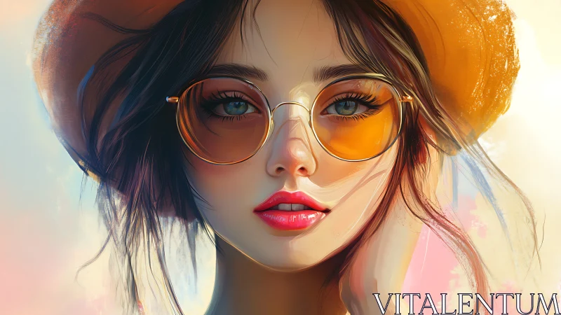 Digital portrait shows young woman in hat and tinted glasses