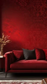 Red velvet sofa stands against patterned red damask wall
