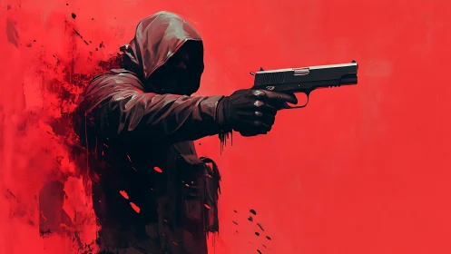 Hooded gunman emerging from a crimson storm of splintered paint.