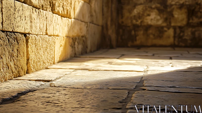Golden light tracing old stone floor and quiet walls.
