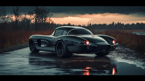Retro-futuristic black sports coupe on wet rural road at dusk