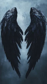 Dark feathered wings on misted blue-grey background.