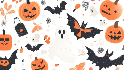 Vector Halloween pattern arranges pumpkins, bats, ghosts, and leaves