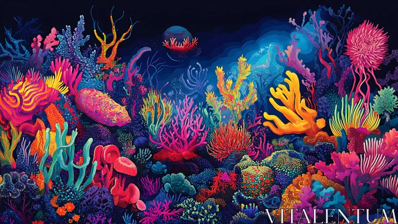 Neon coral reef bursts with saturated bioluminescent color.