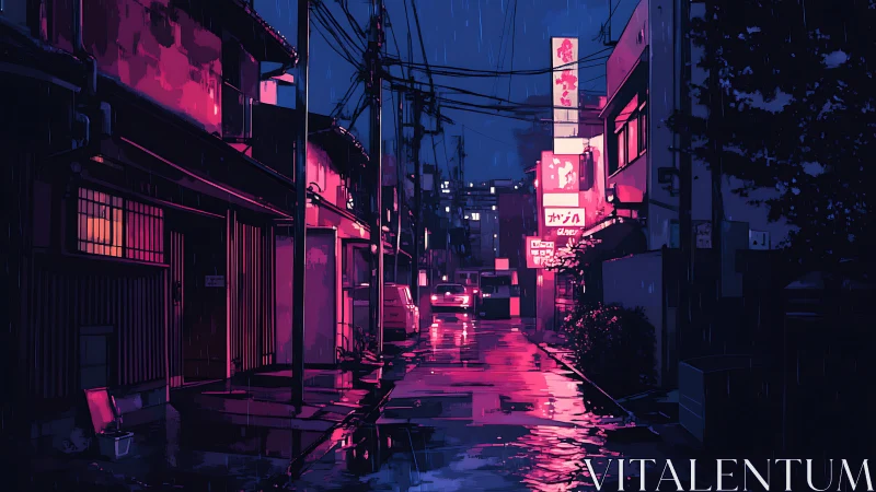 Neon rain paints a quiet city alleyway in soft magenta light