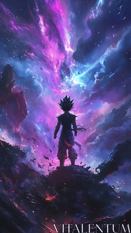 Celestial warrior under erupting neon cosmic vortex.