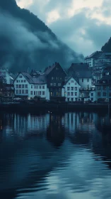 Waterfront townhouses are reflected in a calm fjord surface