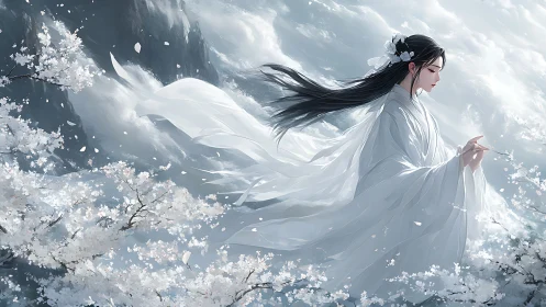 Digital painting of ethereal woman in white among blossoms.