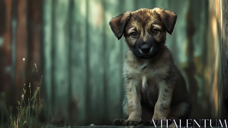 Small wet puppy waits in soft green-shadowed backyard hush.