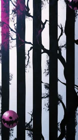 Striped forest silhouette frames floating pink jack o lanterns