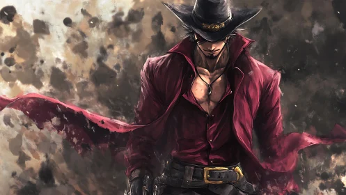 Gunslinger in crimson coat strides through storm of dust.