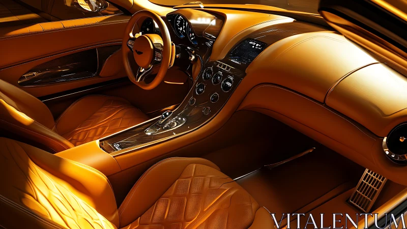 Luxury sports car cockpit glows with golden leather trim.