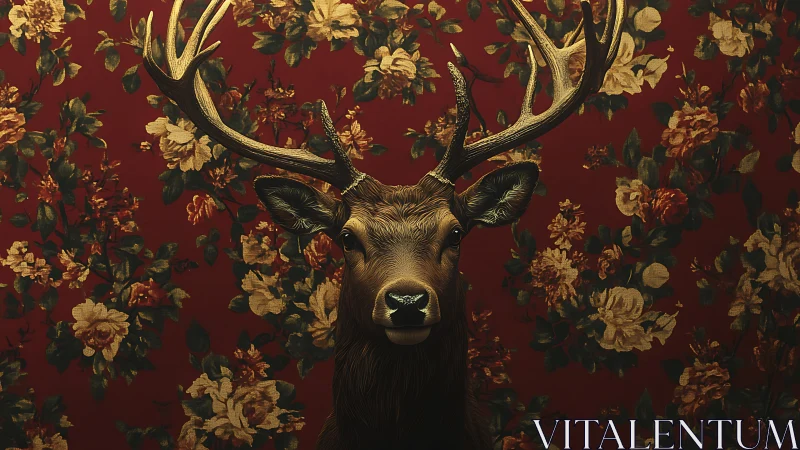 Antlered wall guardian against baroque crimson blooms.