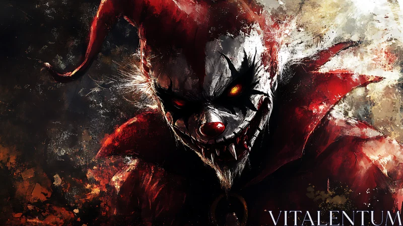 Demonic clown portrait with fiery eyes in chaotic red smears