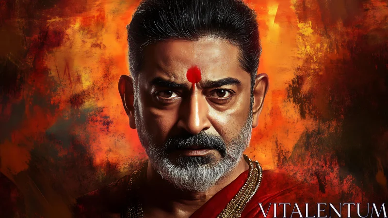 Fiery gaze of the crimson-marked elder in ritual splendor.