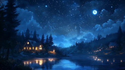 Night river landscape shows lit cabins under dense starlight
