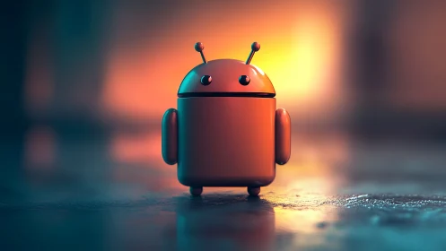 Orange robot mascot on reflective floor with blurred lights.