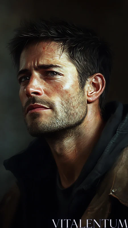 Gritted male survivor portrait in moody chiaroscuro lighting.