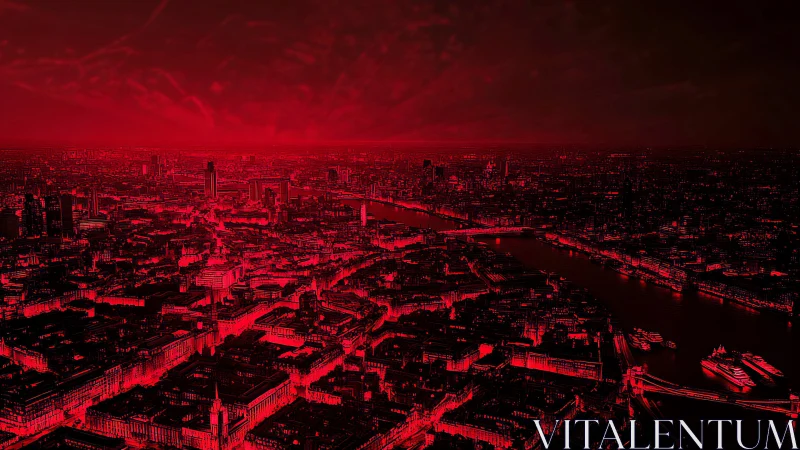 High-contrast red monochrome cityscape reveals dense riverfront grid