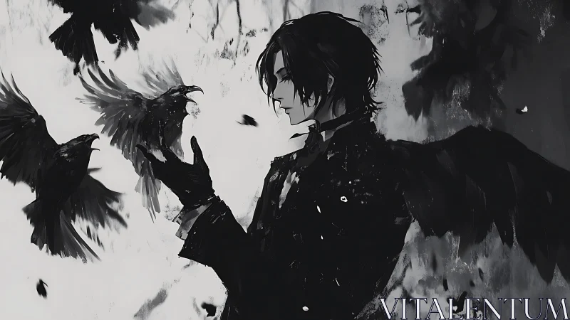 Monochrome winged figure interacting with multiple crows.